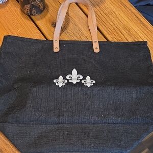 Black Tote Bag with Tan Handles and Fleur-de-lis Design
